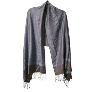 Pashmina Wool Silk Blue Gray Paisley Shawl Wrap Scarf Fringes Large 72x27 Luxury